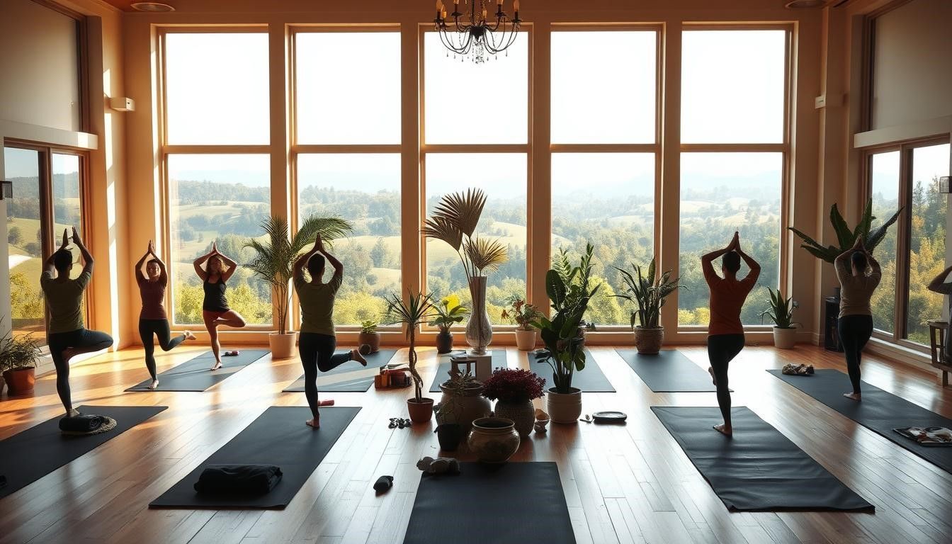 People practicing yoga in a bright studio with large windows overlooking a scenic landscape.
