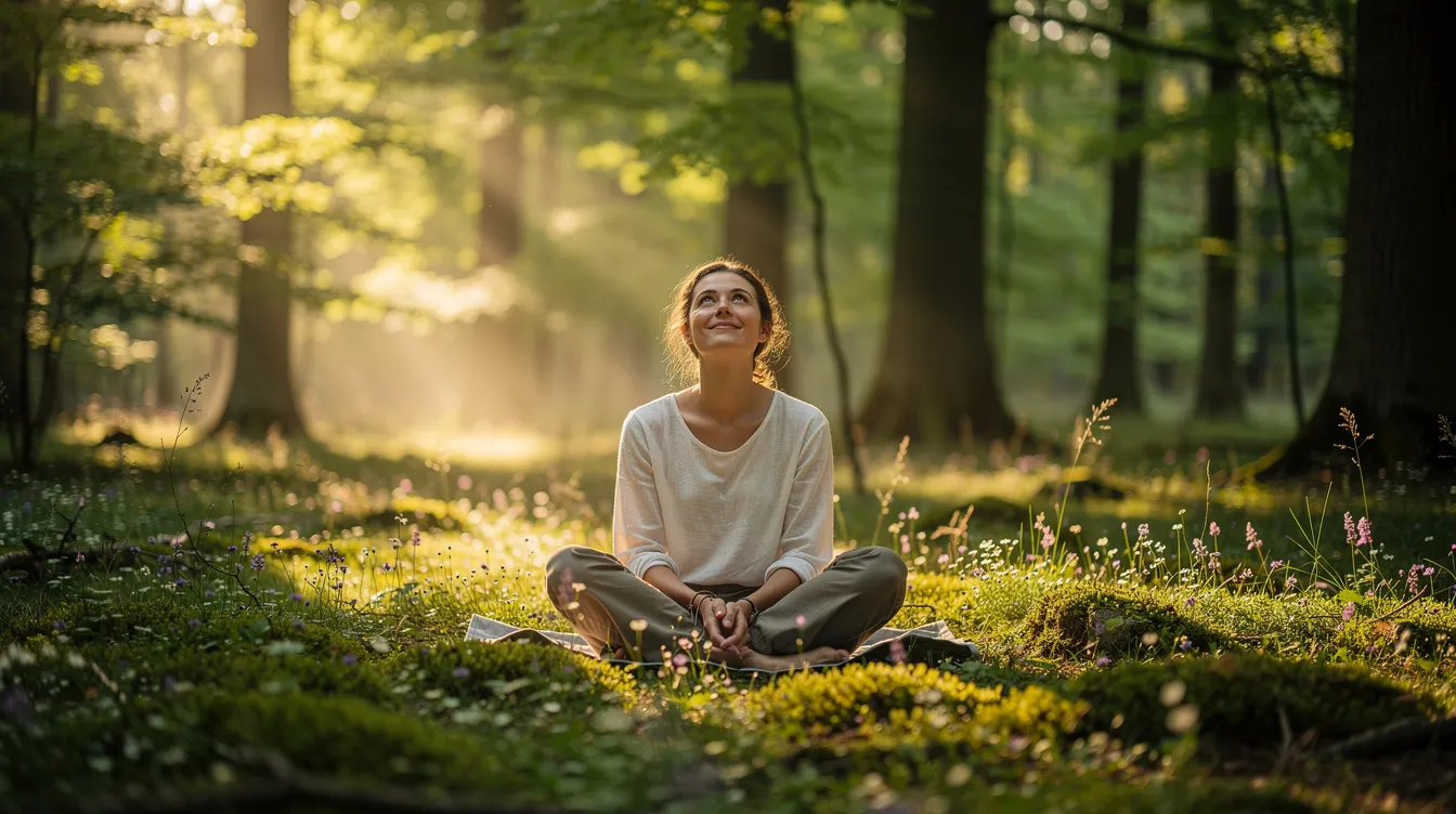 A person sits cross-legged in a sunlit forest, looking upward with a serene expression amidst moss and soft greenery.