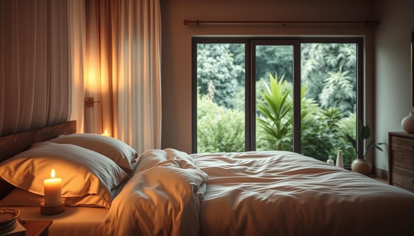 Cozy bedroom with unmade bed, window overlooking greenery, lit candles, and soft lighting.