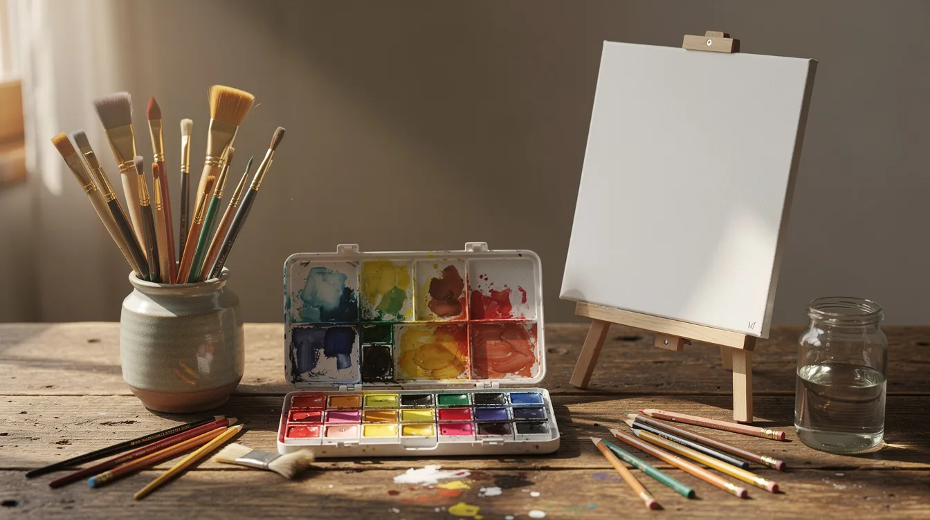 The image features an array of art supplies, including vibrant paintbrushes and watercolors, neatly arranged beside a blank canvas on a rustic wooden table. Engaging in creative activities like painting can be a holistic approach to enhancing mental wellness and emotional well-being.