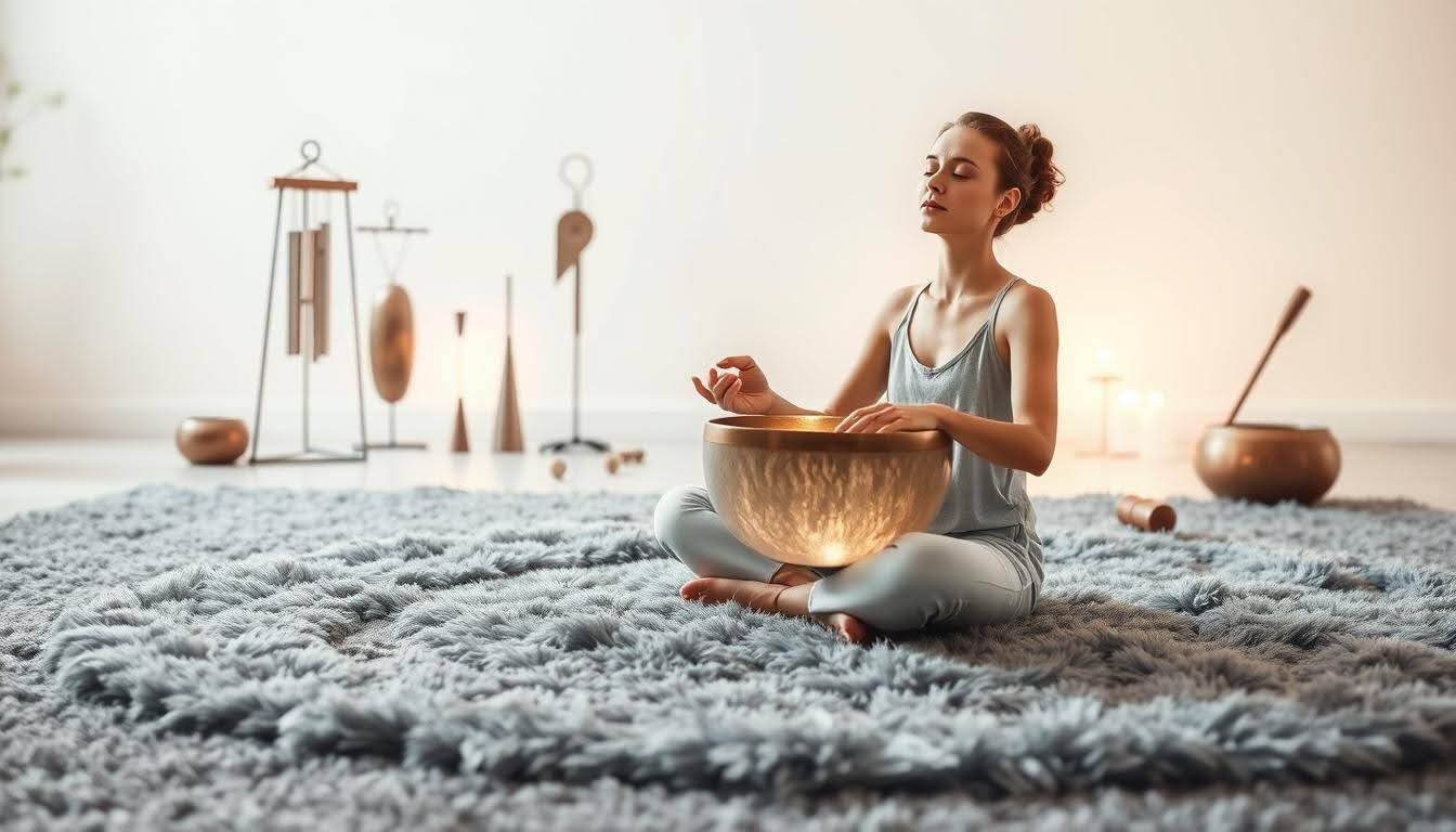Woman meditating with a singing bowl on a fluffy rug, surrounded by sound instruments.