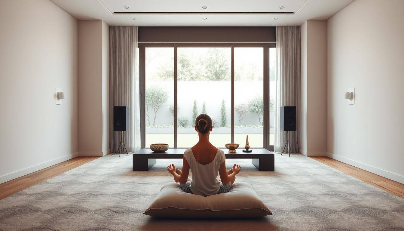 Woman meditating in a light-filled room with large window overlooking a garden.