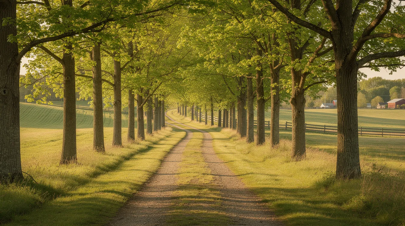 Tree-lined dirt path through a sunlit green field in autumn