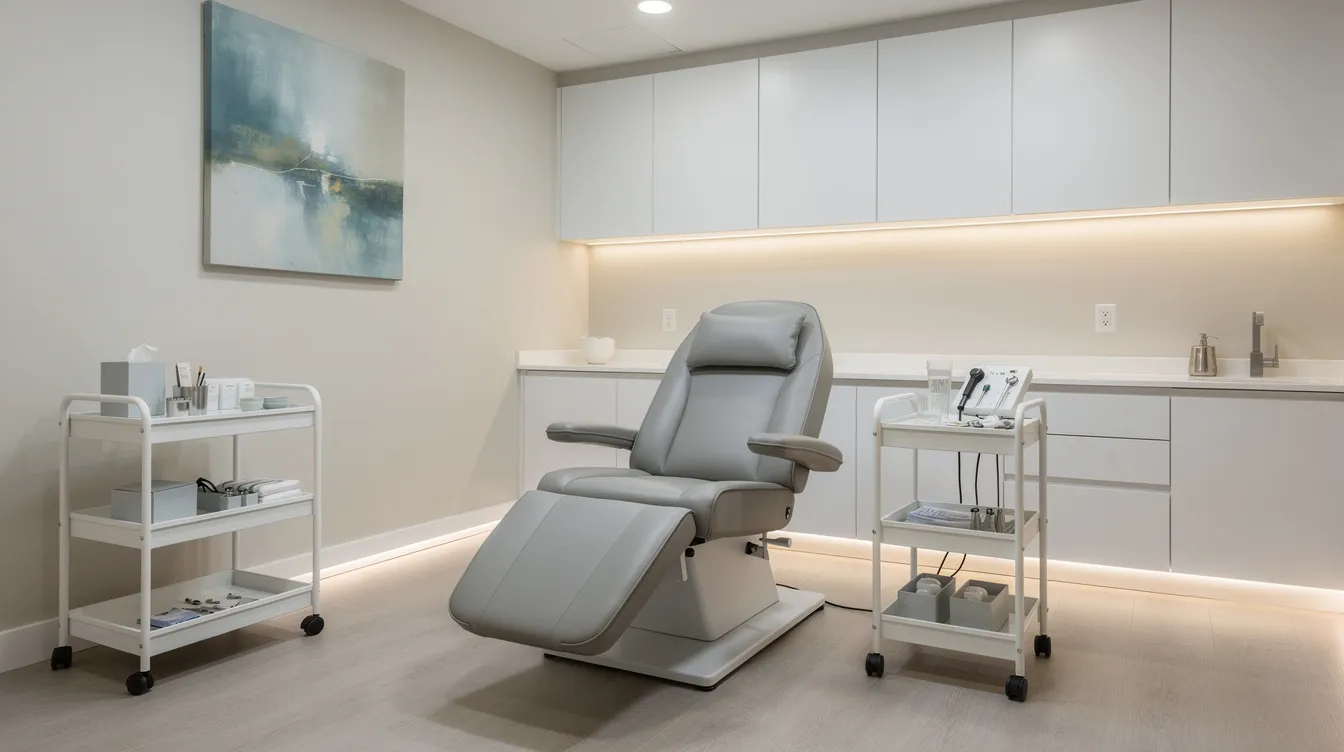 The image depicts a serene, modern clinical treatment room designed for mental health care, featuring a comfortable reclining chair and gentle, soft lighting. This inviting space is ideal for therapies addressing treatment resistant depression, offering a calm environment for effective treatment options and support.