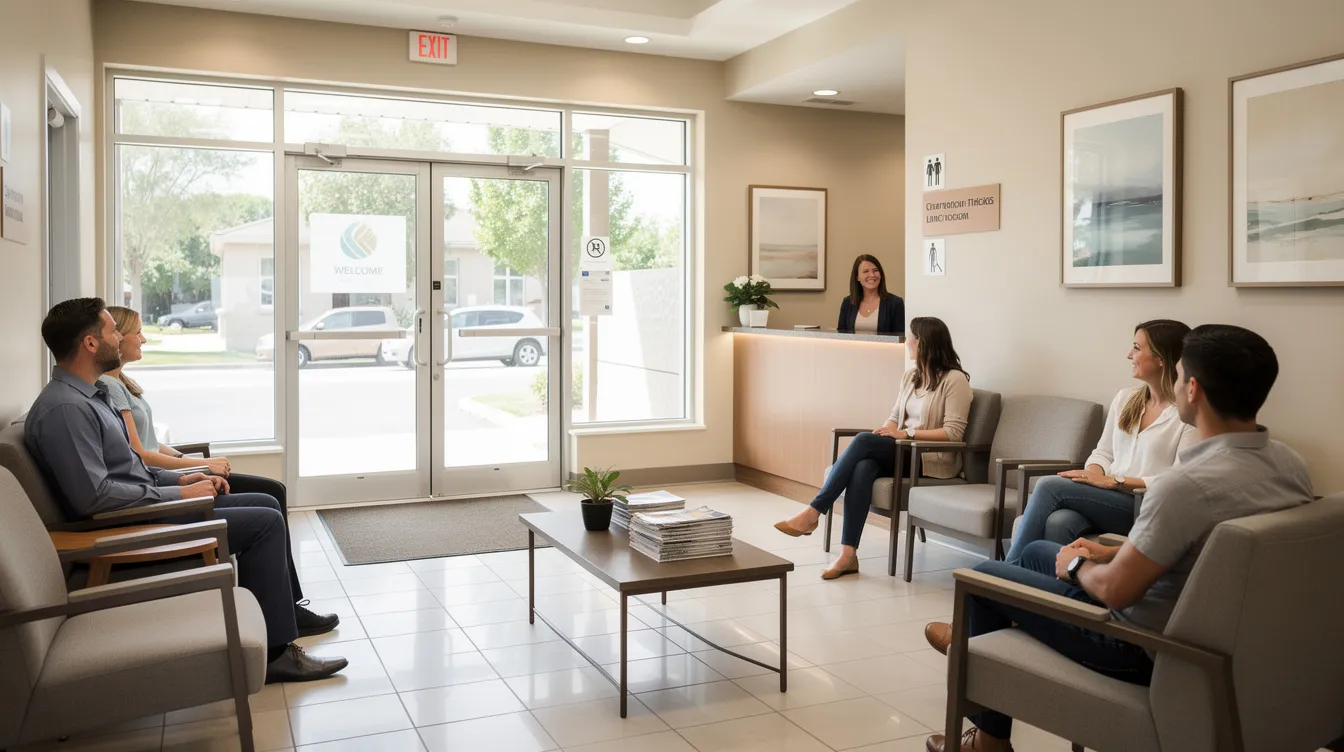 The image depicts a welcoming medical office entrance featuring a comfortable waiting area, designed to create a soothing environment for individuals seeking mental health support, including those facing anxiety disorders or emotional challenges. The space is inviting and reflects a therapeutic atmosphere, ideal for therapy sessions and cognitive behavioral therapy (CBT) practices.