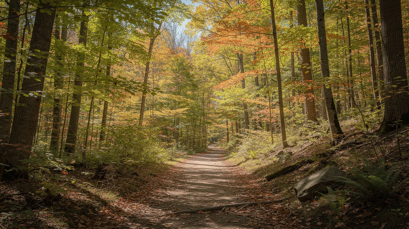Autumn forest trail with sunlit trees and fallen leaves lining the path