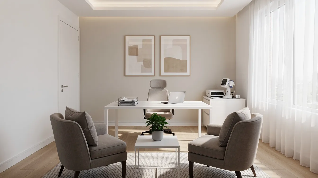 The image depicts a modern medical consultation room designed for comfort, featuring cozy seating and abundant natural light, creating a welcoming atmosphere for discussions about mental and physical health. This space is ideal for holistic mental health treatment, allowing patients to feel at ease while addressing their mental health concerns and overall well-being.