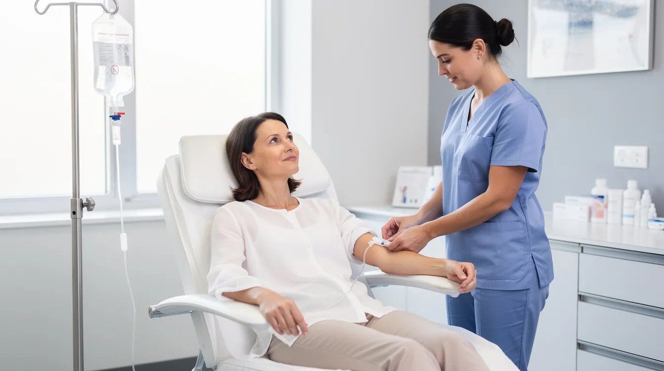 A nurse in blue scrubs prepares an IV infusion for a patient sitting in a clinical office setting.
