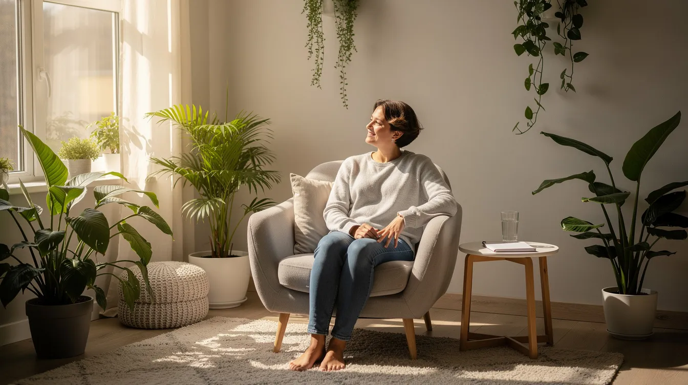 A person is sitting comfortably in a bright therapy office filled with plants and natural light, cre