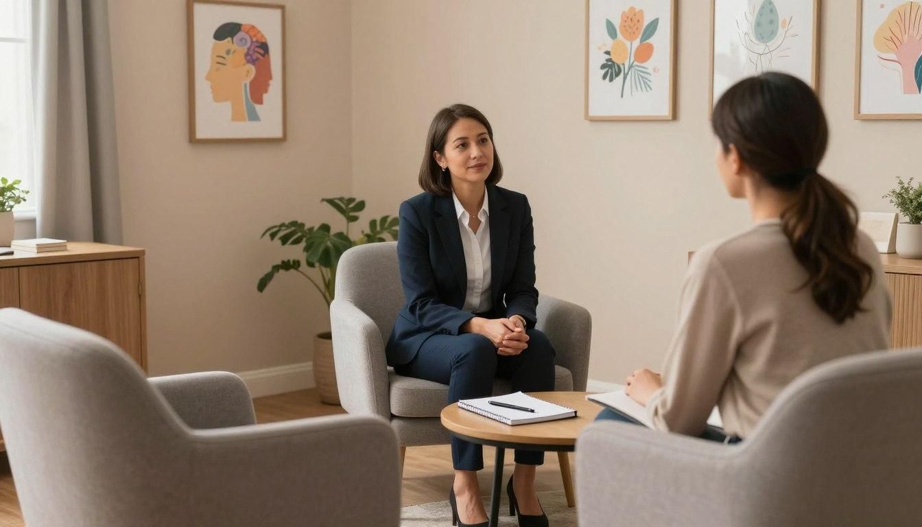 Two women in a counseling session; one in suit smiles, other takes notes in a room with artwork.