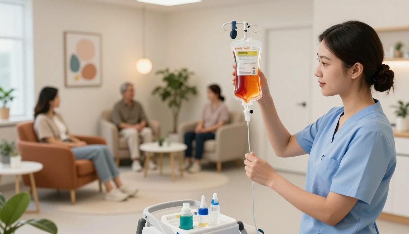 Nurse preparing IV drip in a clinic; patients seated in the background.