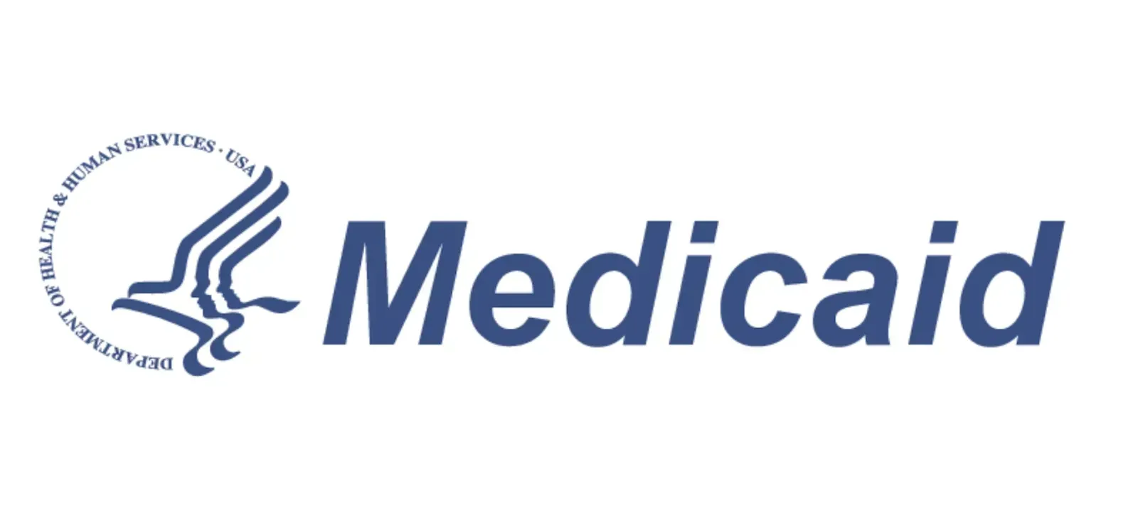 Medicaid logo: blue text and symbol of an eagle against a white background.