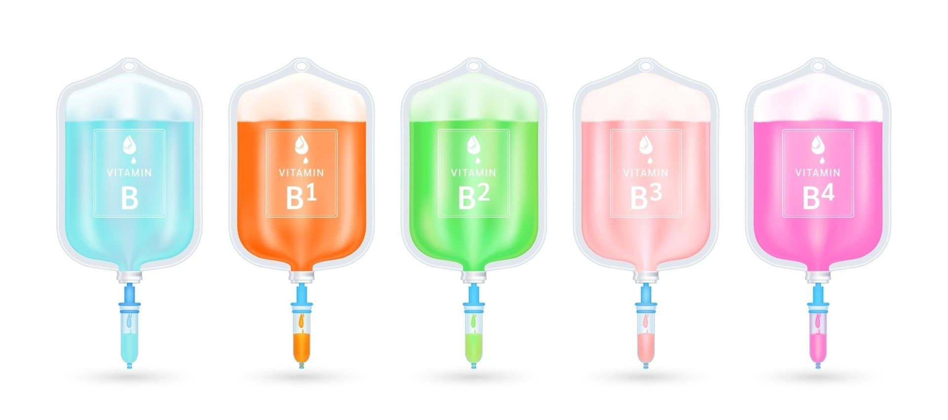 Five IV bags filled with differently colored liquids labeled B, B1, B2, B3, and B4.