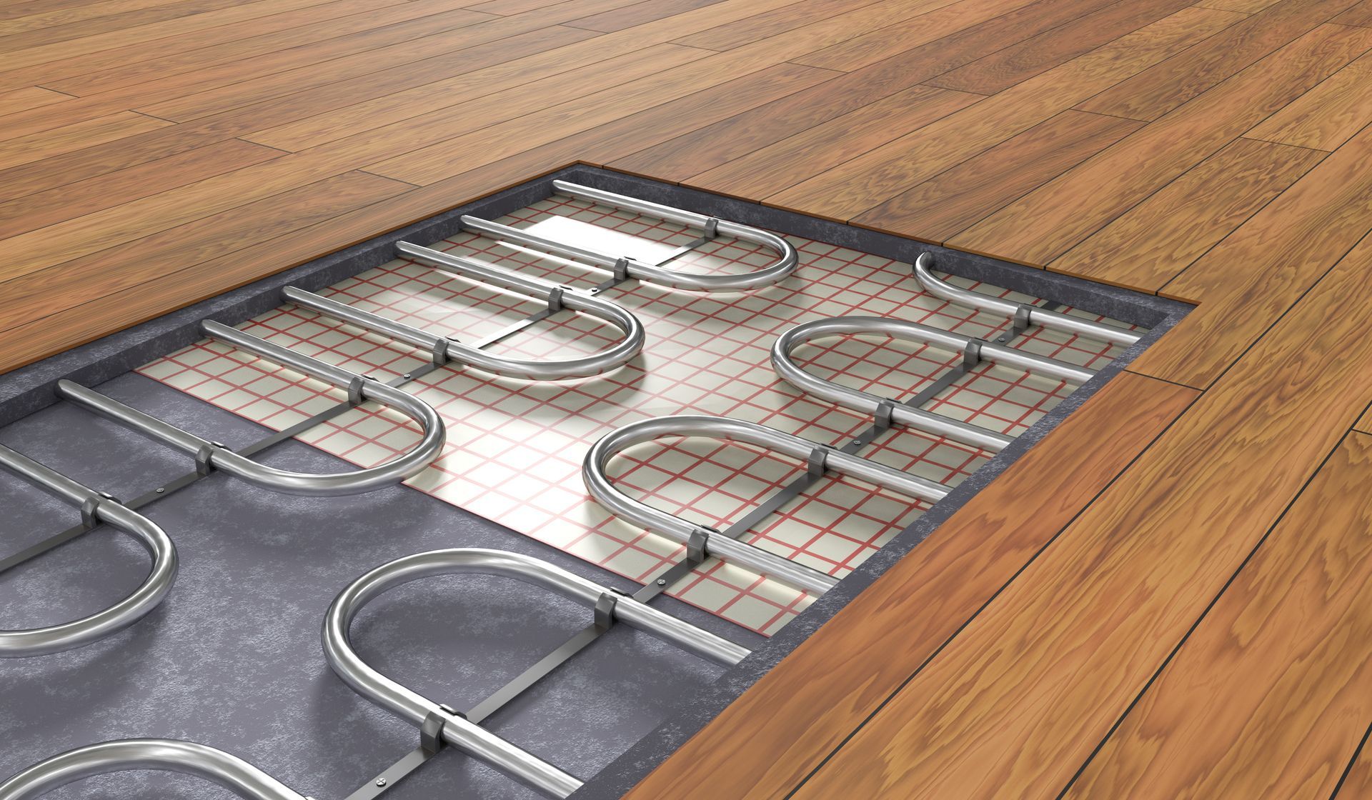 Close-up of metal bed springs and frame section on a wooden floor