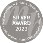 Silver 2023 award badge for Registered Master Builders House of the Year, Auckland/Northland/Coromandel.