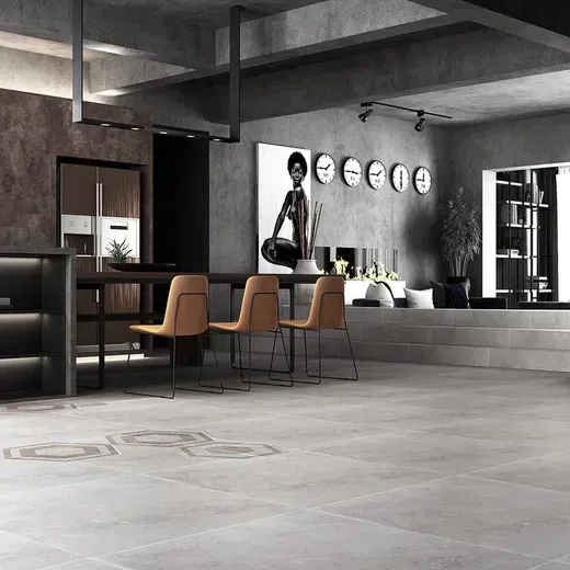 Modern minimalist café interior with tan chairs, black counter, and monochrome wall art