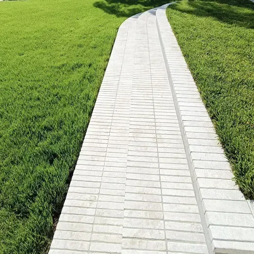 Curved white brick pathway through a green grassy lawn