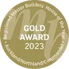 Gold award 2023 circular emblem for Registered Master Builders House of the Year, Auckland/Northland/Coromandel.