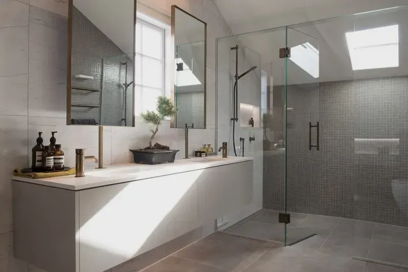 Modern bathroom with double vanity, mirrors, walk-in glass shower, and tiled walls