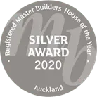 Silver award 2020 badge with white text, “Registered Master Builders House of the Year,” Auckland.