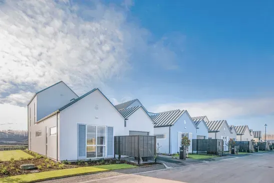 Row of white modern houses along a sunny residential street under a blue sky
