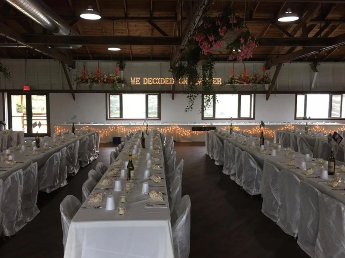 A large room wedding reception.
