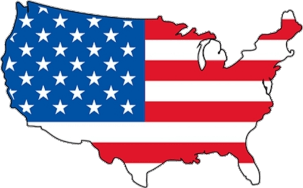 US map filled with the American flag, with blue stars and red-and-white stripes