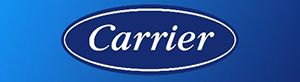 Carrier logo in white italic text inside a blue oval on a blue background