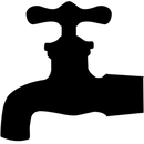 A black and white silhouette of a faucet on a white background.