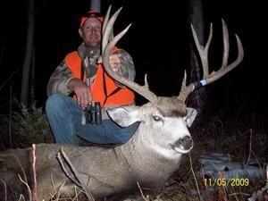 Hunter kneeling next to a large deer with antlers; wearing orange vest. Setting: forest at night.
