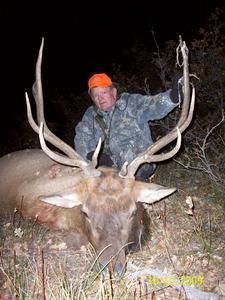 Hunter in camouflage kneels by a large elk with impressive antlers. He wears an orange hat and holds the antlers up.