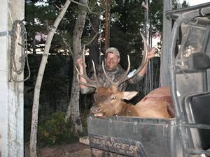 Man in camo with a harvested elk in a utility vehicle. The elk has large antlers. Outdoors, dusk.