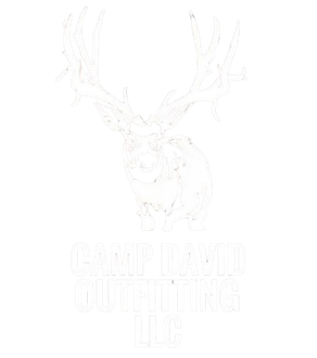 White buck head silhouette with large antlers above "CAMP DAVID OUTFITTING LLC" text on black background.