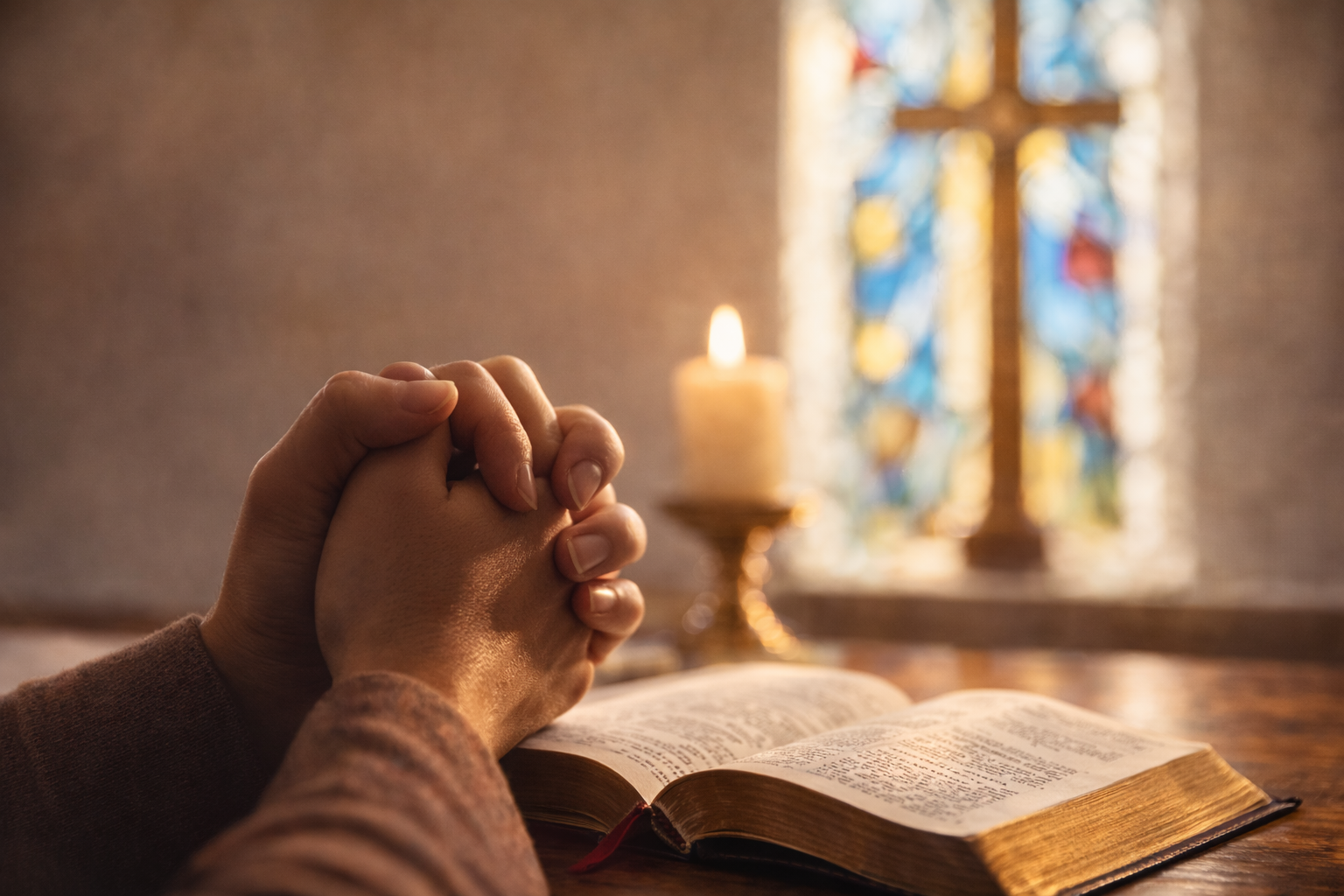 Hands clasped in prayer before an open Bible, with a lit candle and a stained-glass cross in the background.