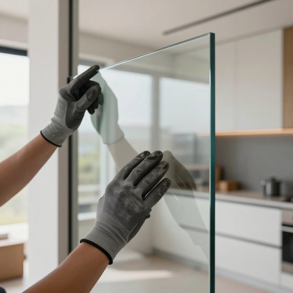 Gloved hands installing a clear glass panel in a modern kitchen with a blurred countertop background