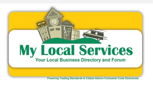my local services ad logo is a building with a van parked next to it atop a grassy hill