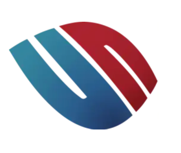 Blue and red abstract logo, featuring two curved lines within a curved shape.