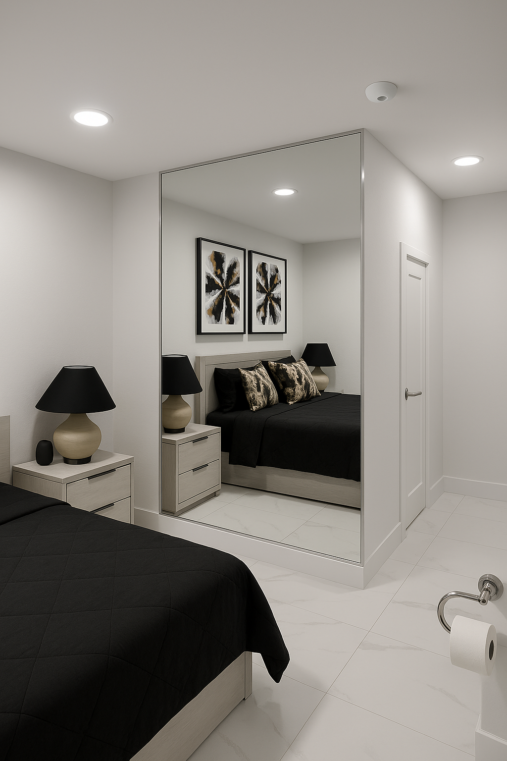 large wall mirror showing reflection of bed and nightstand