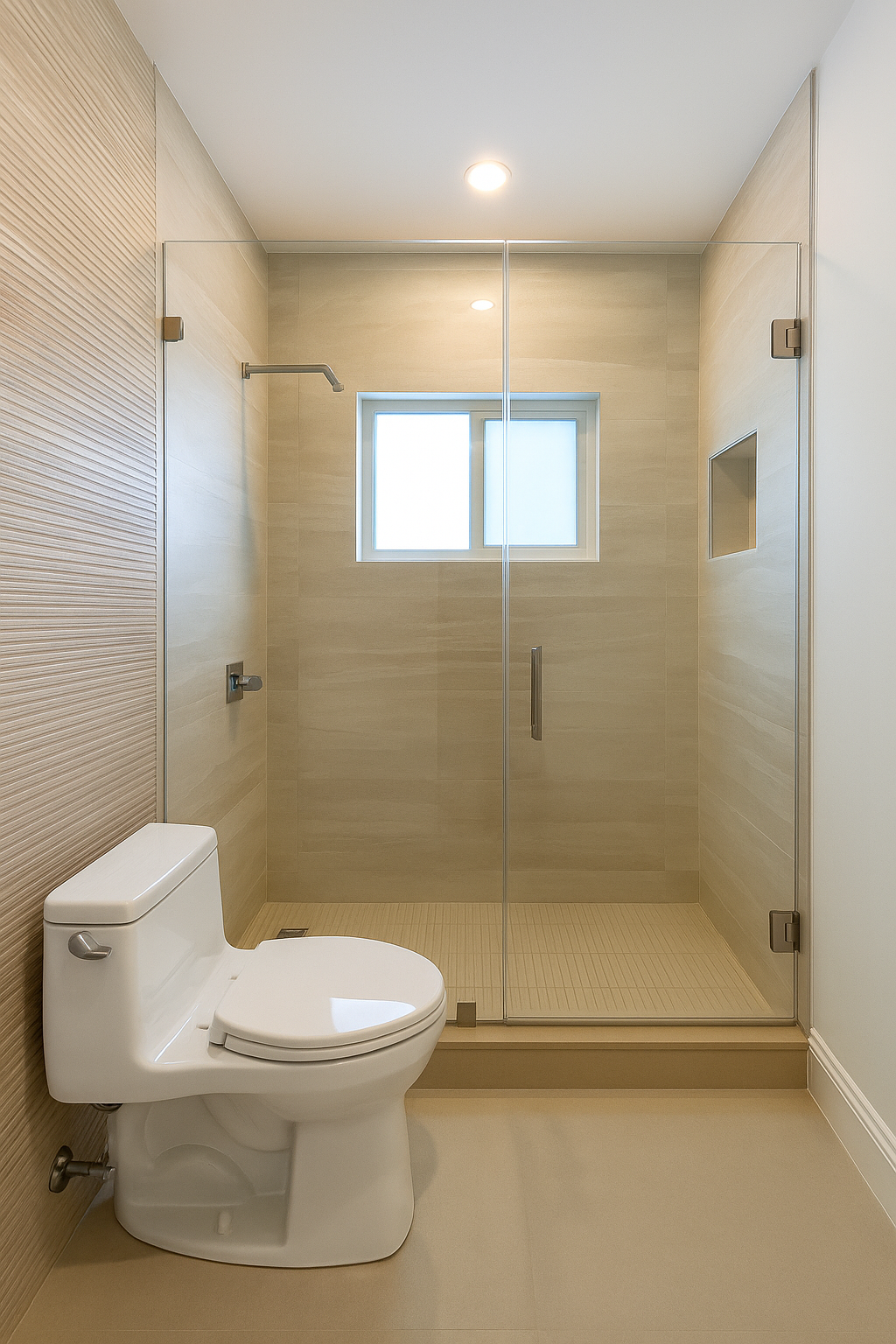 Bathroom with a claw-foot tub and glass shower; gray marble walls and penny tile floor.