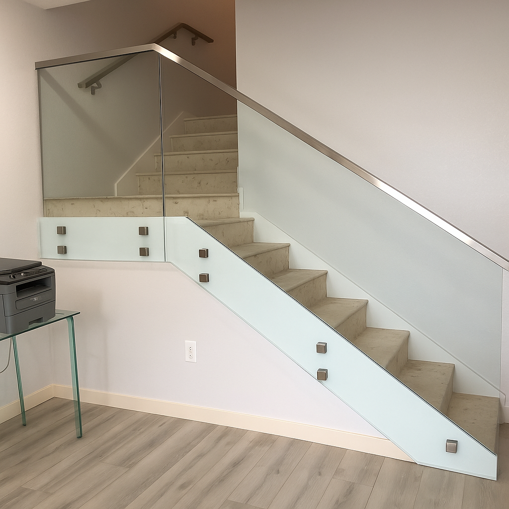 Staircase with frosted glass panels and stainless steel handrails; interior, neutral tones.