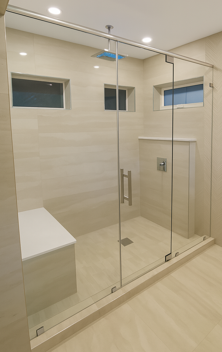three panel glass shower enclosure with beige tile and a shower bench with steel hardware