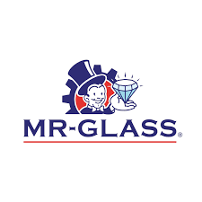 Mr. Glass logo: Cartoon man with top hat in a gear holding a sparkling diamond. Blue, red, and white