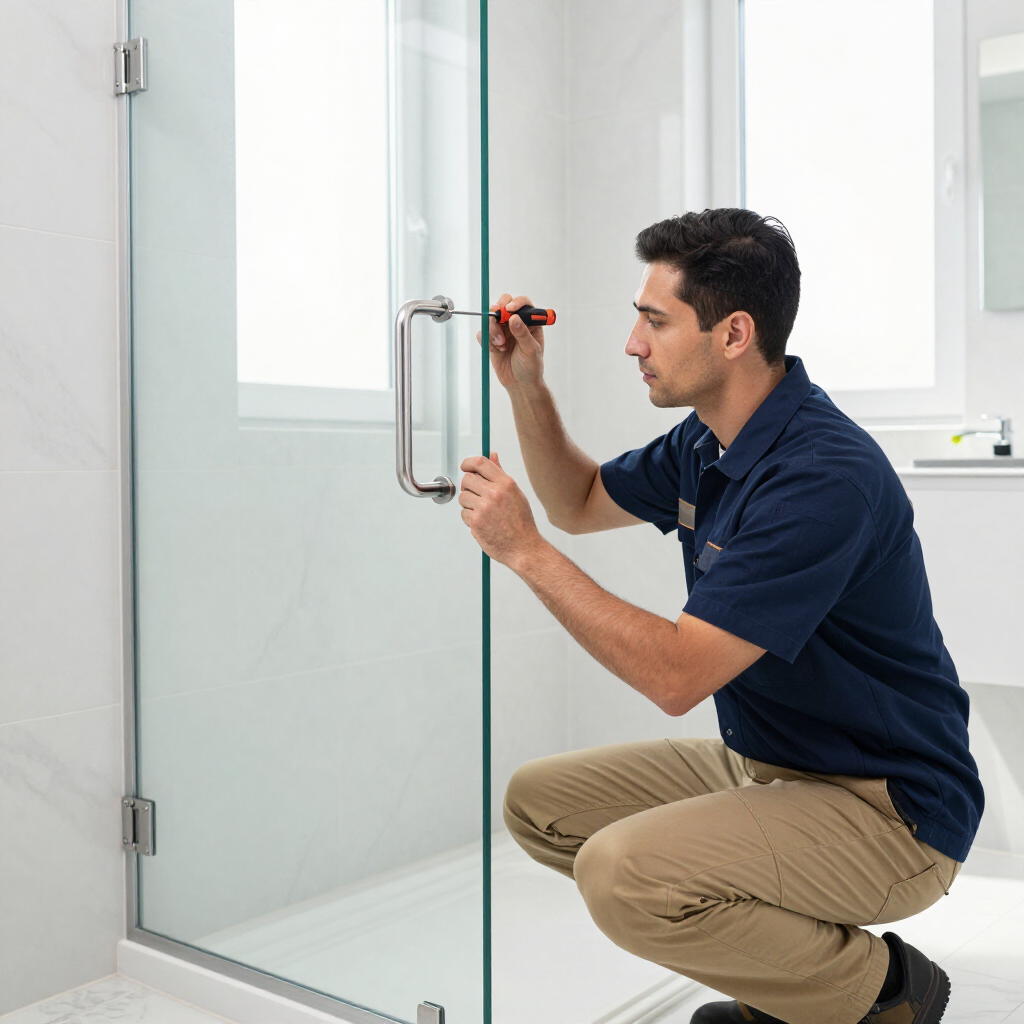 Man kneeling to adjust a glass shower door handle in a bright bathroom