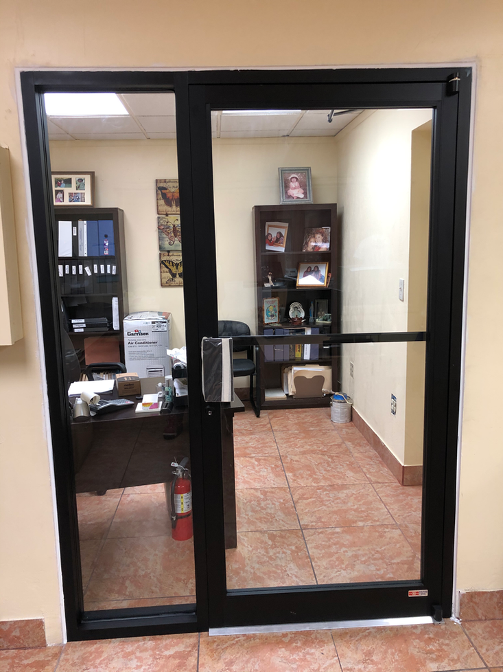 Black-framed office door with glass panels. View into office with desk, bookshelves, and fire extinguisher.