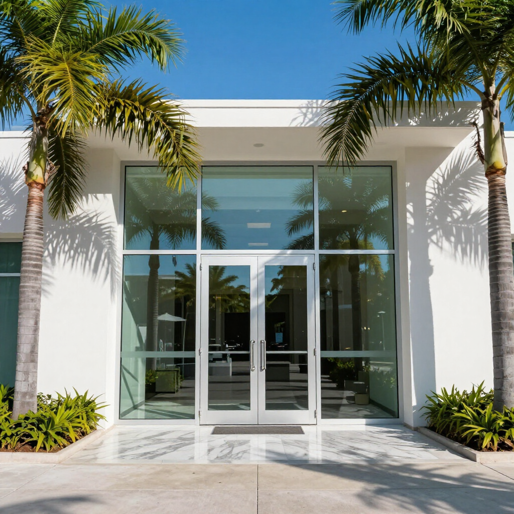 Modern white building entrance with glass doors, palm trees, and bright blue sky