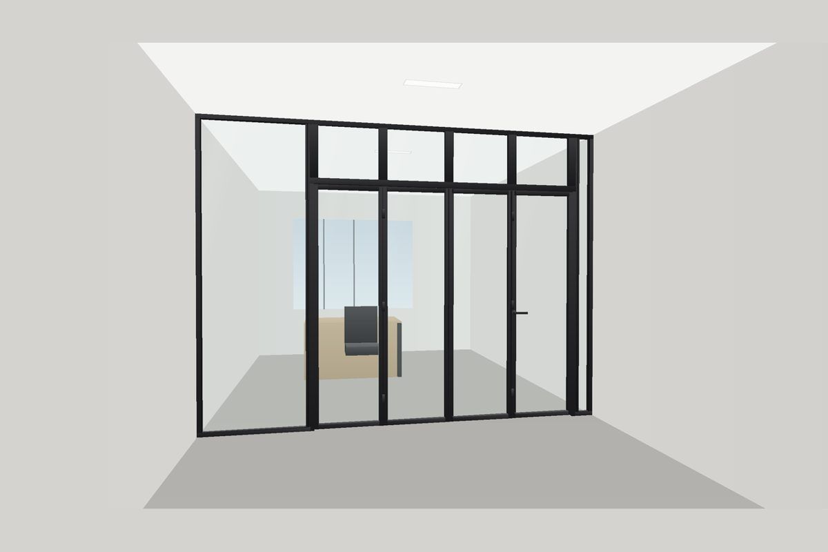 Dibujo de una partición de vidrio con marco delgado de aluminio (Sistema con Marco): Puerta Plegable, en negro mate con vidrio transparente