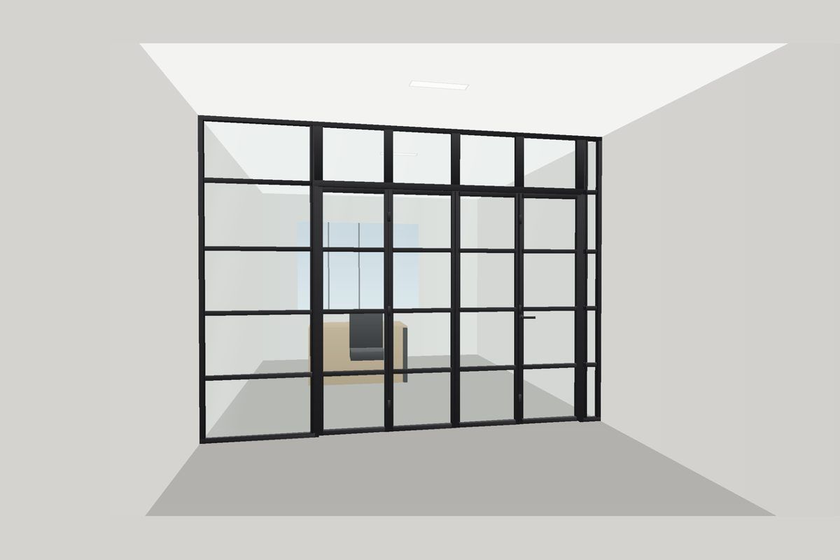 Dibujo de una partición de vidrio con marco delgado de aluminio (Sistema con Marco): Puerta Plegable (Cuadrícula), en negro mate con vidrio transparente