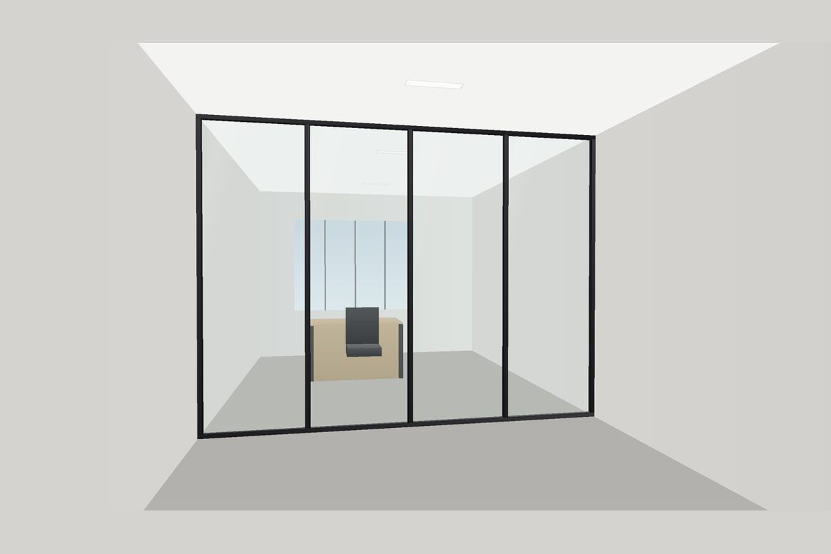 Dibujo de una partición de vidrio con marco delgado de aluminio (Sistema con Marco): Pared Fija, en negro mate con vidrio transparente