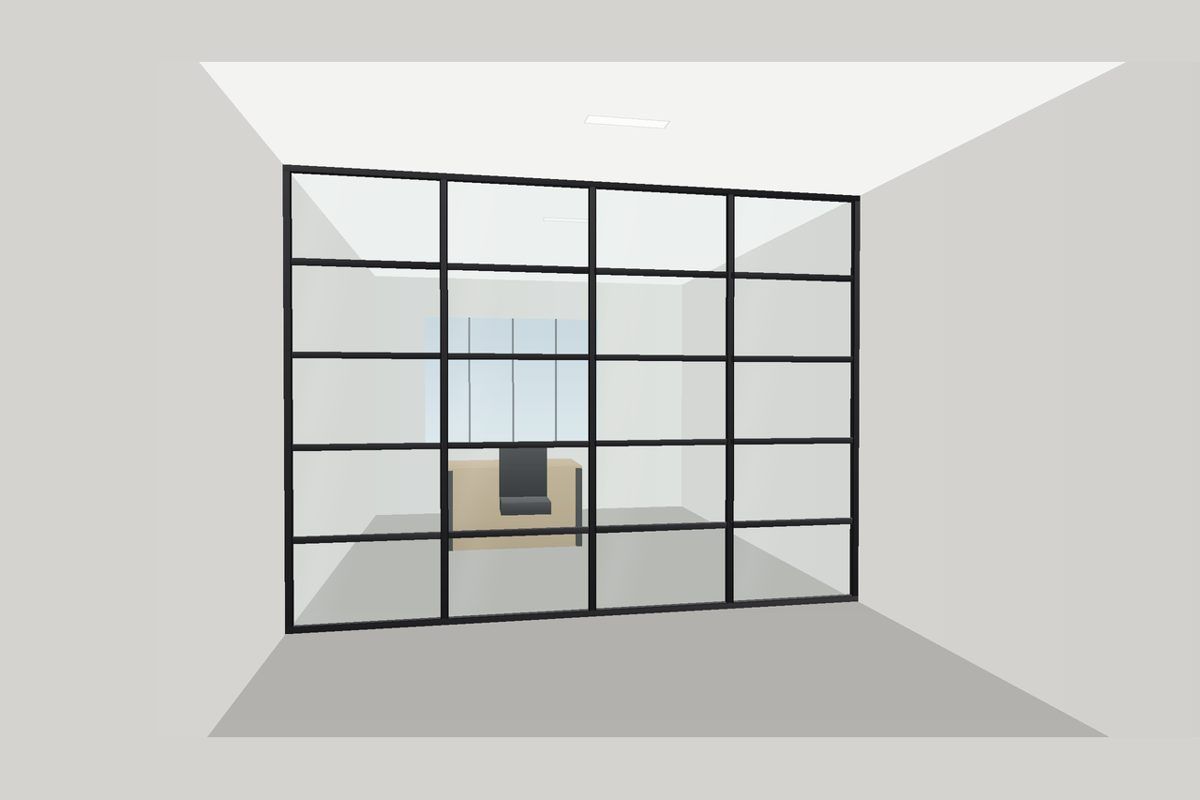 Dibujo de una partición de vidrio con marco delgado de aluminio (Sistema con Marco): Pared Fija (Cuadrícula), en negro mate con vidrio transparente