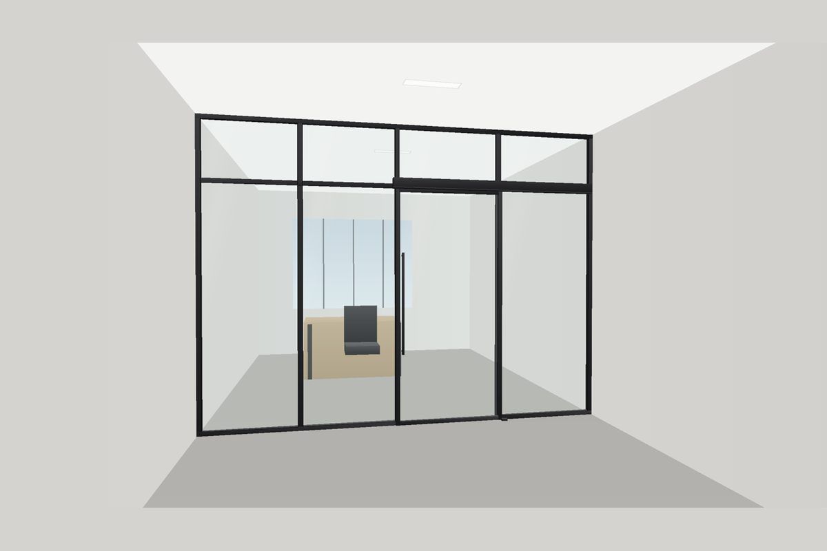 Dibujo de una partición de vidrio con marco delgado de aluminio (Sistema con Marco): Puerta Corrediza, en negro mate con vidrio transparente